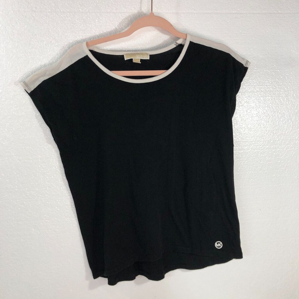 Michael Kors Women Stretch Cotton Modal Short Sleeve Shirt Black White Size S